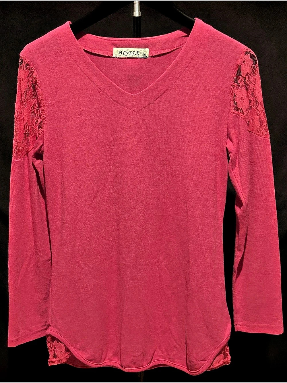 Alyssa Pink Lace Shoulder Accent Long Sleeve V-Neck Top Size XL